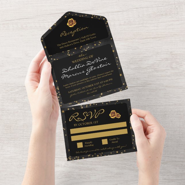 Invitation Tout En Un Black Et Gold Stars Goth Motif (Déchirure)