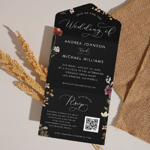 Invitation Tout En Un Black Fall Fleur sauvage QR Code Dark Automne Mari