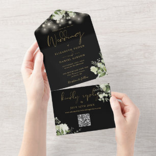 Invitation Tout En Un Black Gold Floral String Lights QR Code Mariage