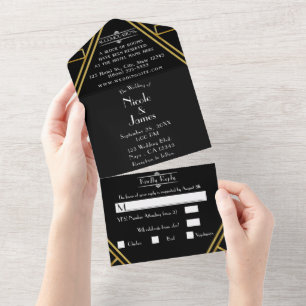 Invitation Tout En Un Black & Gold Retro Vintage 20's Deco Mariage 