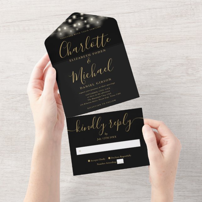 Invitation Tout En Un Black Gold String Lights Mariage de script moderne (Déchirure)