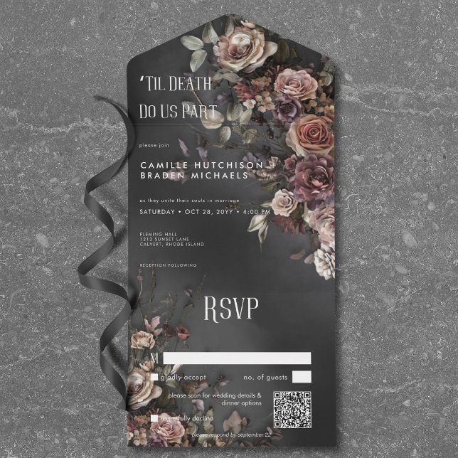 Invitation Tout En Un Black Moody Gothic Flowers & Mist QR Code (Black Moody Gothic Flowers & Mist QR Code All In One Invitation)