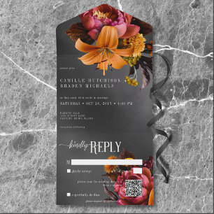 Invitation Tout En Un Black Moody Gothique Orange Lily Mariage QR Code