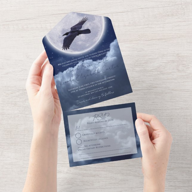Invitation Tout En Un Black Raven Pleine lune Ciel nocturne (Déchirure)