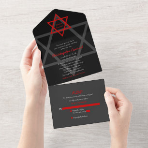 Invitation Tout En Un Black Red Star de David Bar Mitzvah RSVP