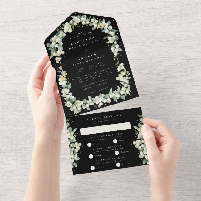 Invitation Tout En Un Black Snowberry + Eucalyptus Mariage (Déchirure)