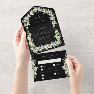 Invitation Tout En Un Black Snowberry+Eucalyptus Mariage d'hiver