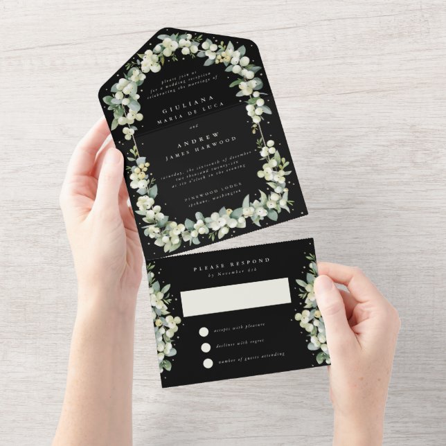 Invitation Tout En Un Black Snowberry+Eucalyptus Réception de mariage un (Déchirure)