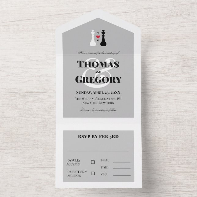 Invitation Tout En Un Black White King Pièces d'échecs Mariage gay (À l'intérieur)