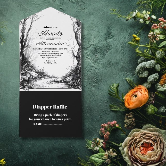 Invitation Tout En Un Black White Rustic Woodland Baby shower d'aventure (Créateur téléchargé)