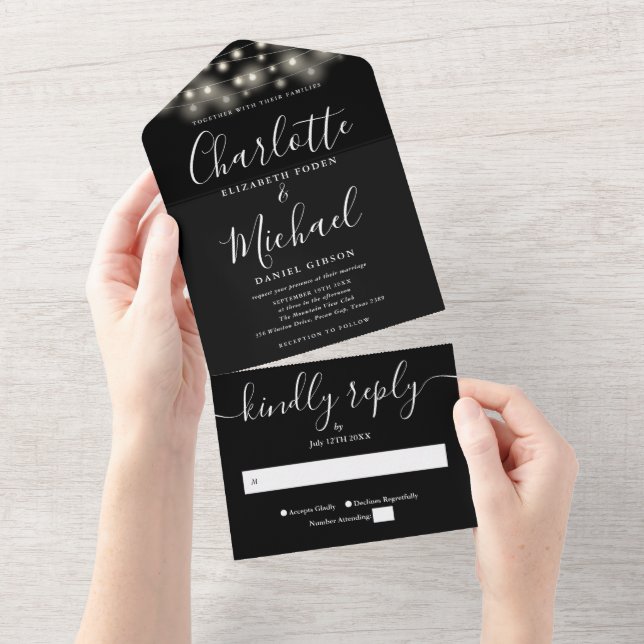 Invitation Tout En Un Black White String Lights Mariage de script modern (Déchirure)