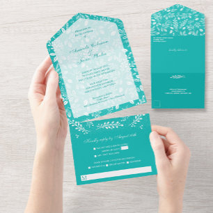 Invitation Tout En Un Blanc Botaniques Turquoise Aucun Mariage Enveloppe