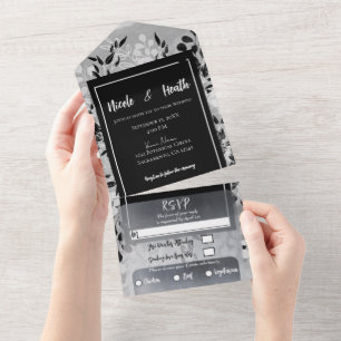 Invitation Tout En Un Blanc noir gris moderne minimaliste Mariage floral