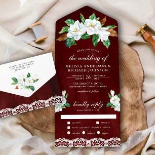 Invitation Tout En Un Blanc Rustique Magnolia Floral Bourgogne Rouge Mar
