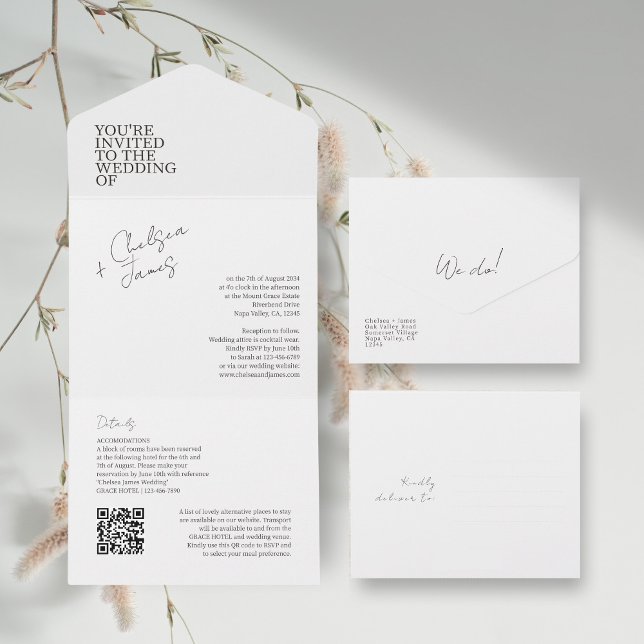 Invitation Tout En Un BLANCHE | Chic Moderne tout en un mariage Invitati (Créateur téléchargé)