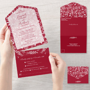 Invitation Tout En Un Blancs Botaniques Cranberry No Enveloppes Mariage