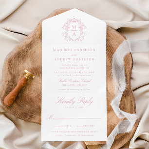 Invitation Tout En Un Blason Élégant Rose Chinoiserie Monogramme Mariage