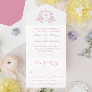 Invitation Tout En Un Blason Floral Rose Élégant Monogramme de Mariage