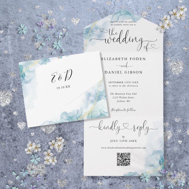 Invitation Tout En Un Bleu Aquarelle Script Coeurs QR Code Mariage (Blue Watercolor Script Hearts QR Code Wedding All In One Invitation)
