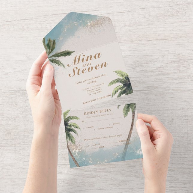 Invitation Tout En Un Bleu aquarelle tropicale plage or mariage (Déchirure)