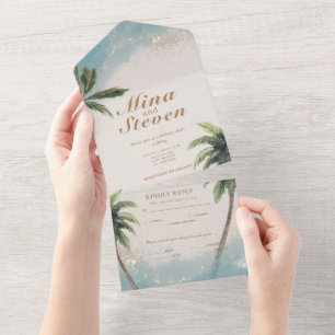 Invitation Tout En Un Bleu aquarelle tropicale plage or mariage