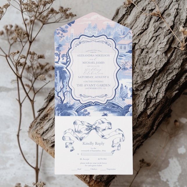 Invitation Tout En Un Bleu Blanc Chinoiserie Floral Porcelaine Mariage (Créateur téléchargé)