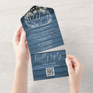 Invitation Tout En Un Bleu Bois Chaîne Lumières QR Code Floral Mariage