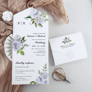Invitation Tout En Un Bleu Clair Floral Monogramme Élégant Mariage
