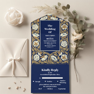 Invitation Tout En Un Bleu classique Art nouveau Mariage