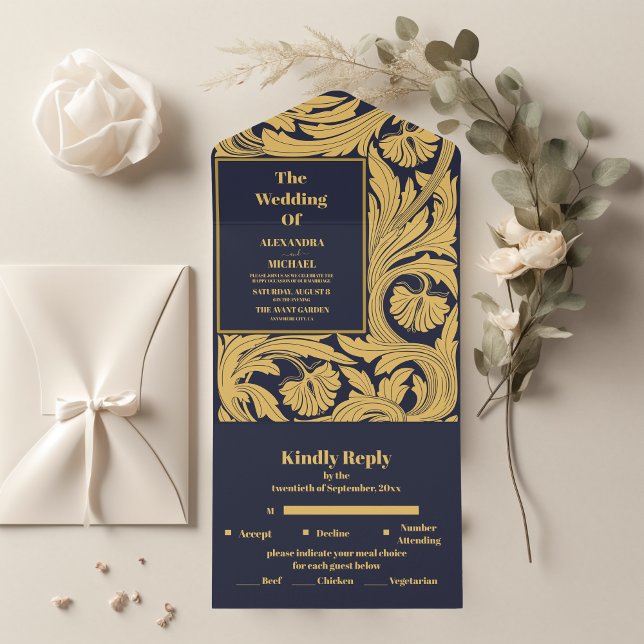 Invitation Tout En Un Bleu classique Art nouveau Mariage (Créateur téléchargé)