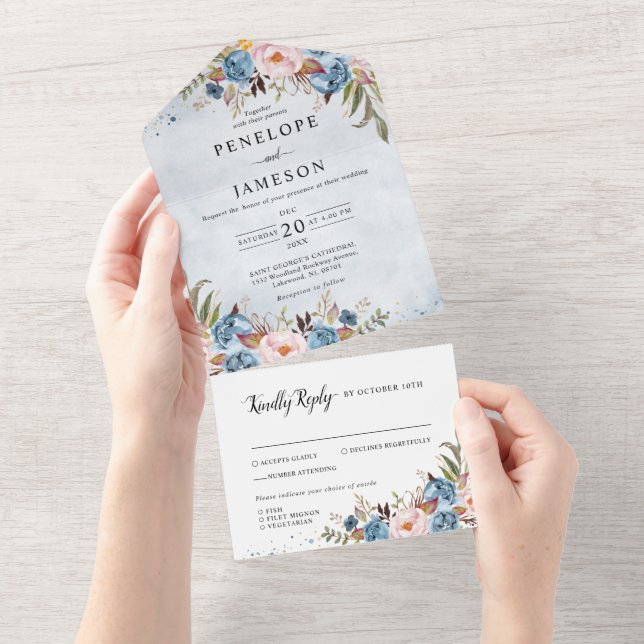 Invitation Tout En Un Bleu Dusty Peach Blush Botanical Floral Mariage (Déchirure)