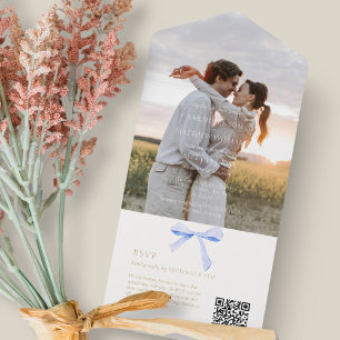 Invitation Tout En Un Bleu et blanc   Mariage de ruban tendance OR