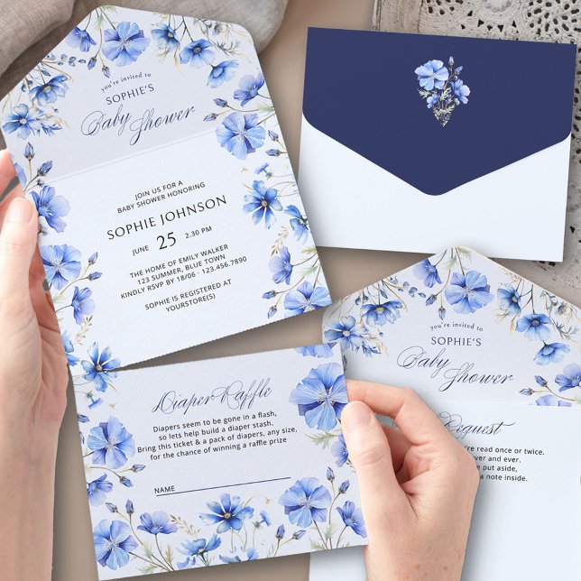 Invitation Tout En Un Bleu Fleur Livre Demande Diaper Baby shower Raffin (Trifold Baby Shower Invitation. All-in-One design with book request + tear-off Diaper Raffle Ticket)