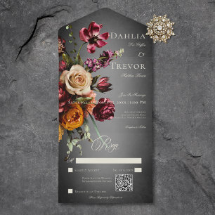 Invitation Tout En Un Bleu foncé élégant Automne Floral Mariage QR Code