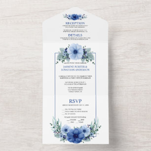 Invitation Tout En Un Bleu marine, Anémone florale bleu clair
