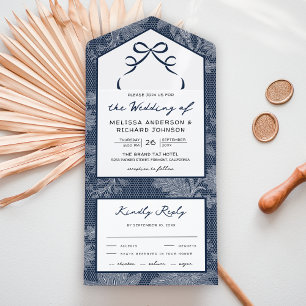 Invitation Tout En Un Bleu marine dentelle coquette noeud papillon maria