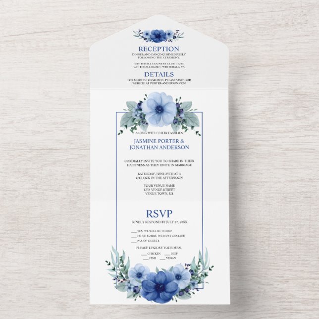 Invitation Tout En Un Bleu marine, Fleurs d'anémone bleu clair | (À l'intérieur)