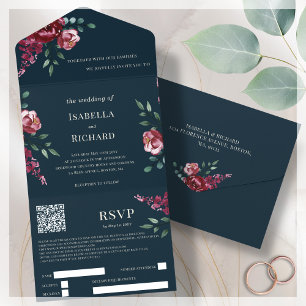 Invitation Tout En Un Bleu Marine   Floral Bourgogne   QR Code RSVP