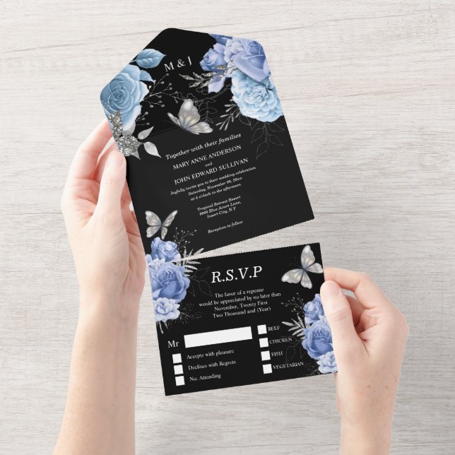 Invitation Tout En Un Bleu noir glamour papillon rose floral chic (Déchirure)