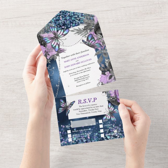 Invitation Tout En Un Bleu papillon argent brille violet glamour rose (Déchirure)