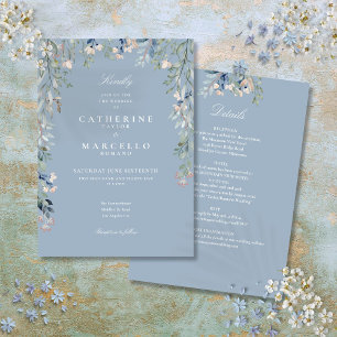 Invitation Tout en Un Bleu Poussiéreux Fleurs Sauvages Floral