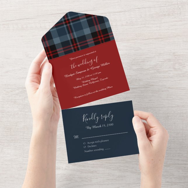Invitation Tout En Un bleu rouge écossais mariage celtique tartan plaid (Déchirure)