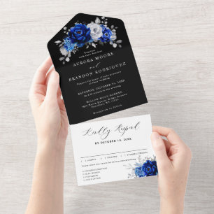 Invitation Tout En Un Bleu Royal Blanc Argent Métallisé Floral Mariage A