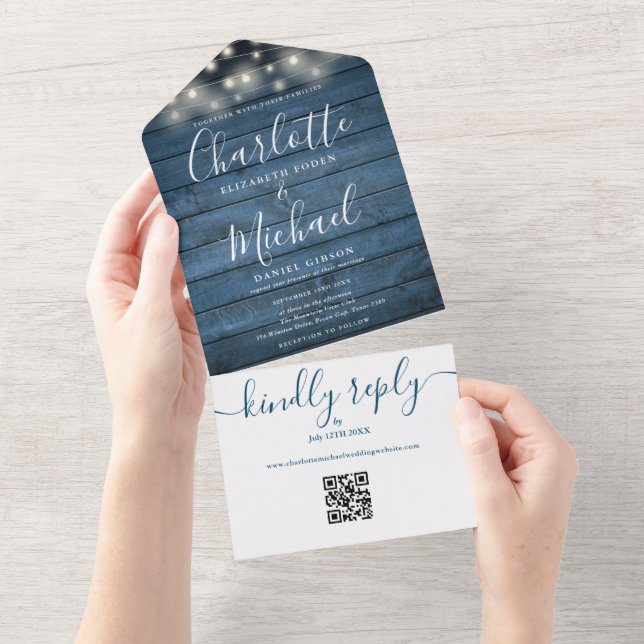 Invitation Tout En Un Bleu Rustique Bois Éclairage QR Code Mariage (Déchirure)