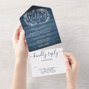 Invitation Tout En Un Bleu Rustique Bois Floral Garland Monogramme Maria