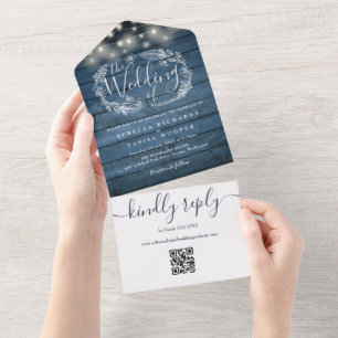 Invitation Tout En Un Bleu Rustique Bois QR Code Chaîne Mariage