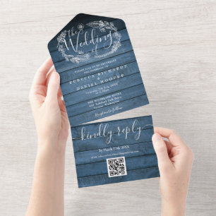 Invitation Tout En Un Bleu Rustique Grange Bois QR Code Floral Mariage