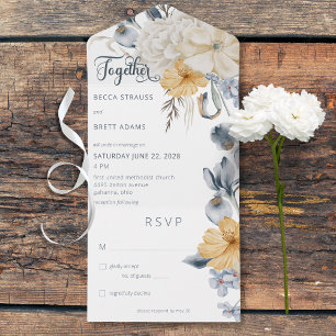 Invitation Tout En Un Bleu rustique Jaune & Blanc Floral Blanc Pas de dî