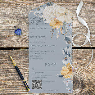Invitation Tout En Un Bleu rustique Jaune & Blanc Floral Bleu QR Code