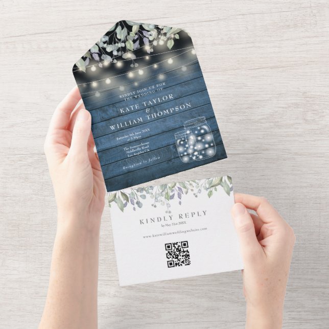 Invitation Tout En Un Bleu Rustique Mason Jars Lights QR Code Mariage (Déchirure)